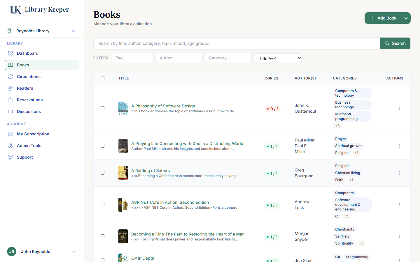 LibraryKeeper book catalog showing titles, authors, categories, tags and availability