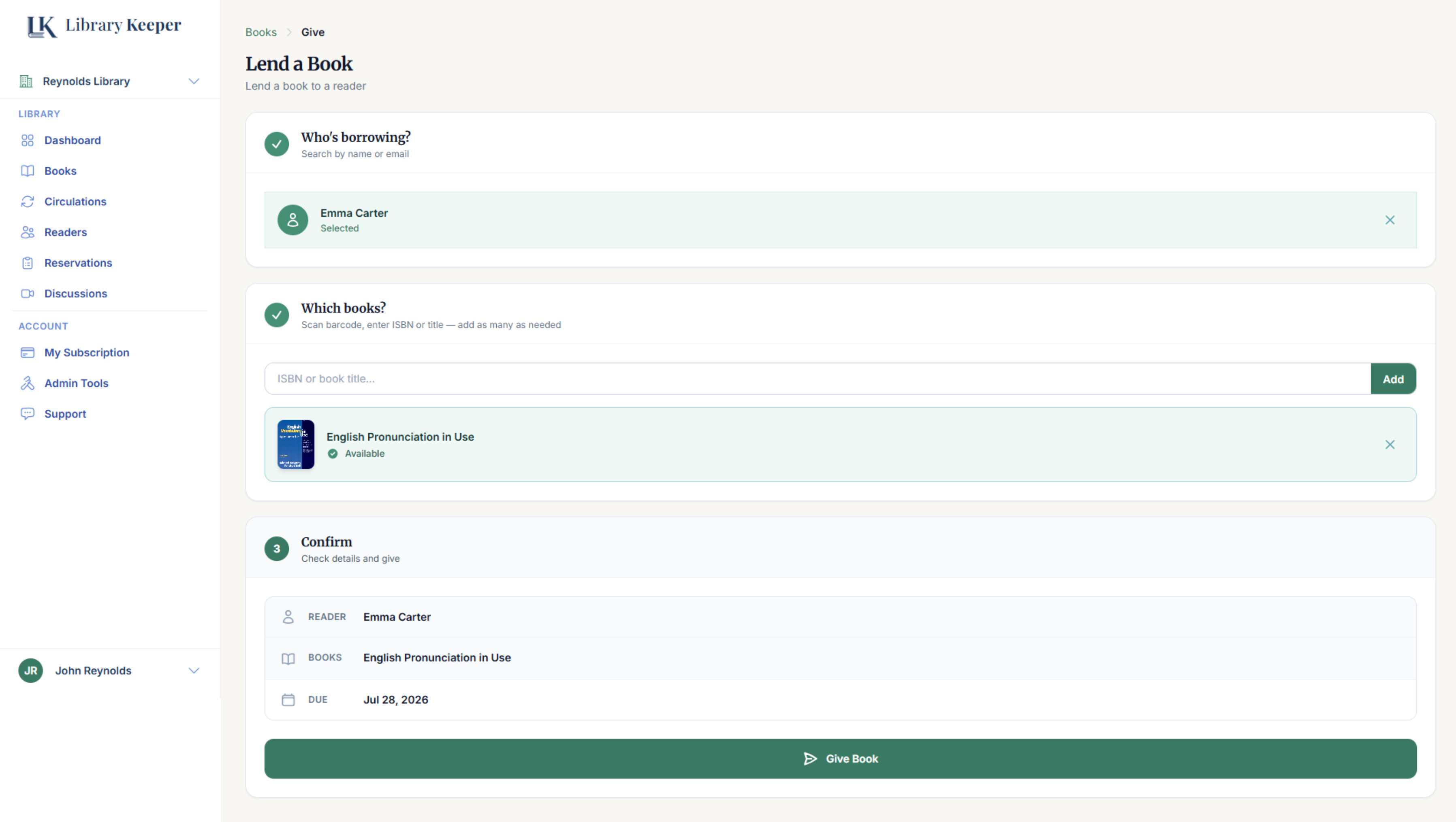 LibraryKeeper's Lend a Book page — pick a reader, add books by ISBN or title, and confirm to check the book out