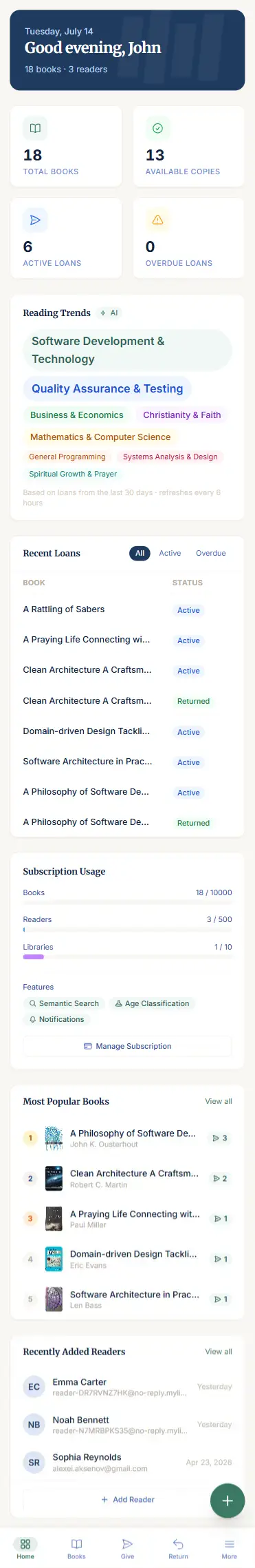 LibraryKeeper mobile dashboard scrolling through recent activity, installed as a PWA