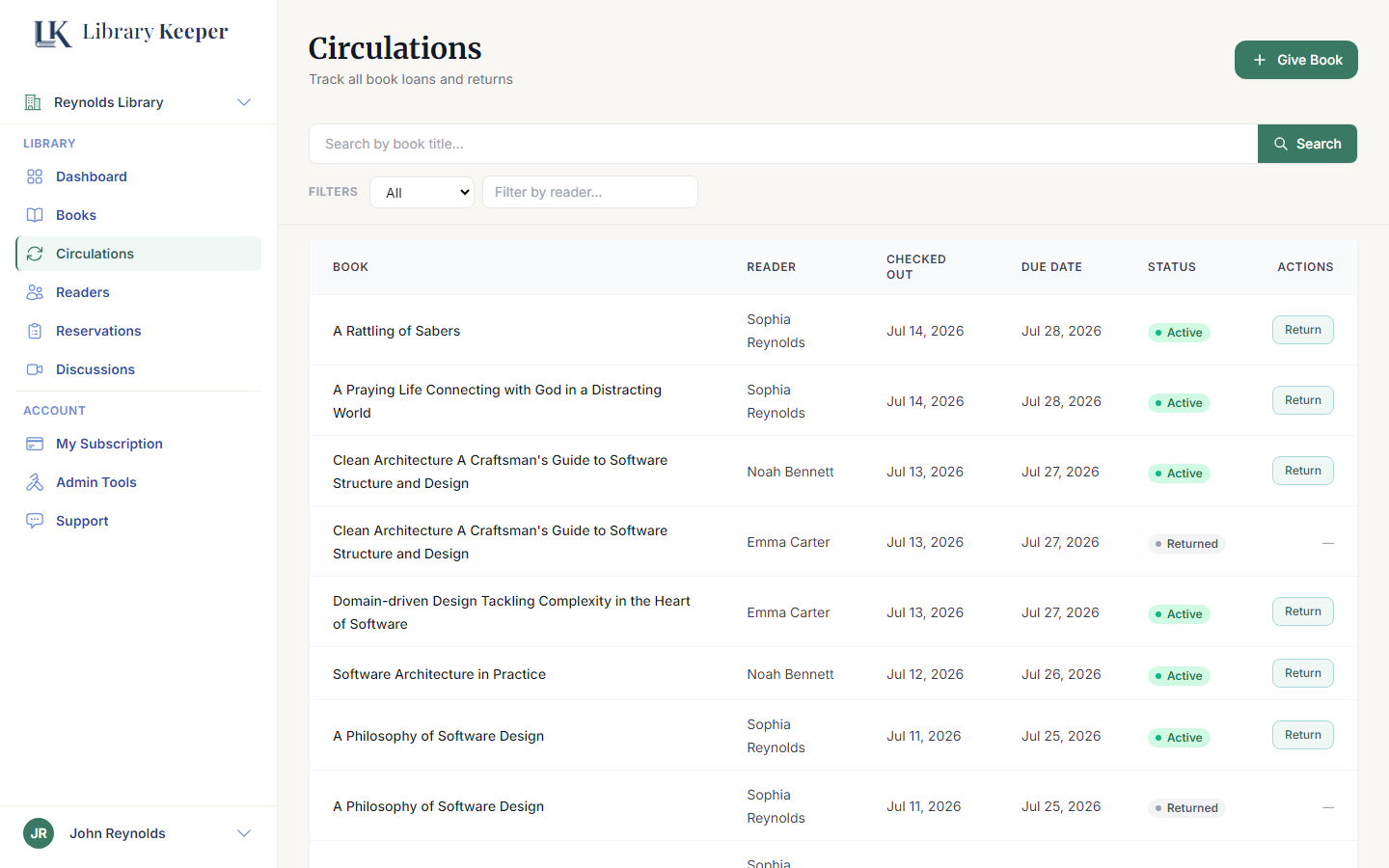 LibraryKeeper circulations view showing active loans, borrowers and due dates
