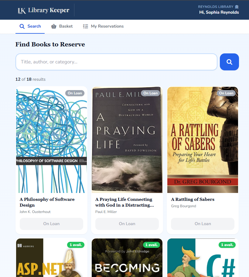 A reader searching the catalog and reserving a book online before picking it up